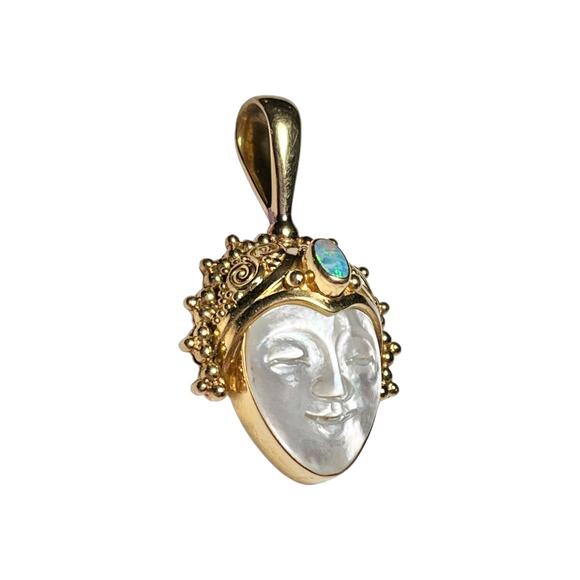 18K Gold SAJEN Goddess PENDANT Mother Of Pearl Carved Face Opal Gemstone Signed - Picture 7 of 7